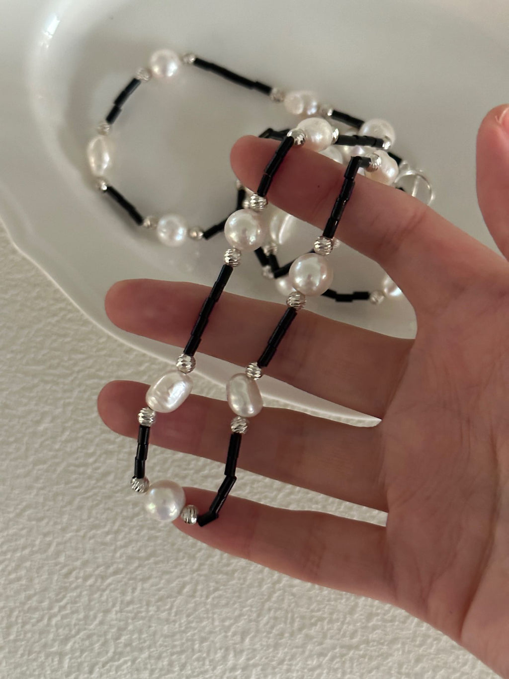 Black Onyx & Pearl Long Necklace