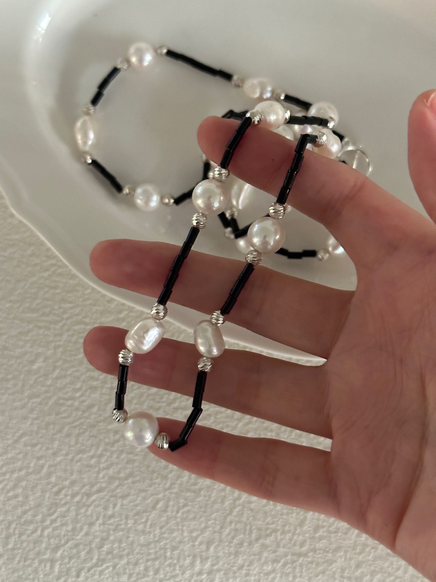 Black Onyx & Pearl Long Necklace