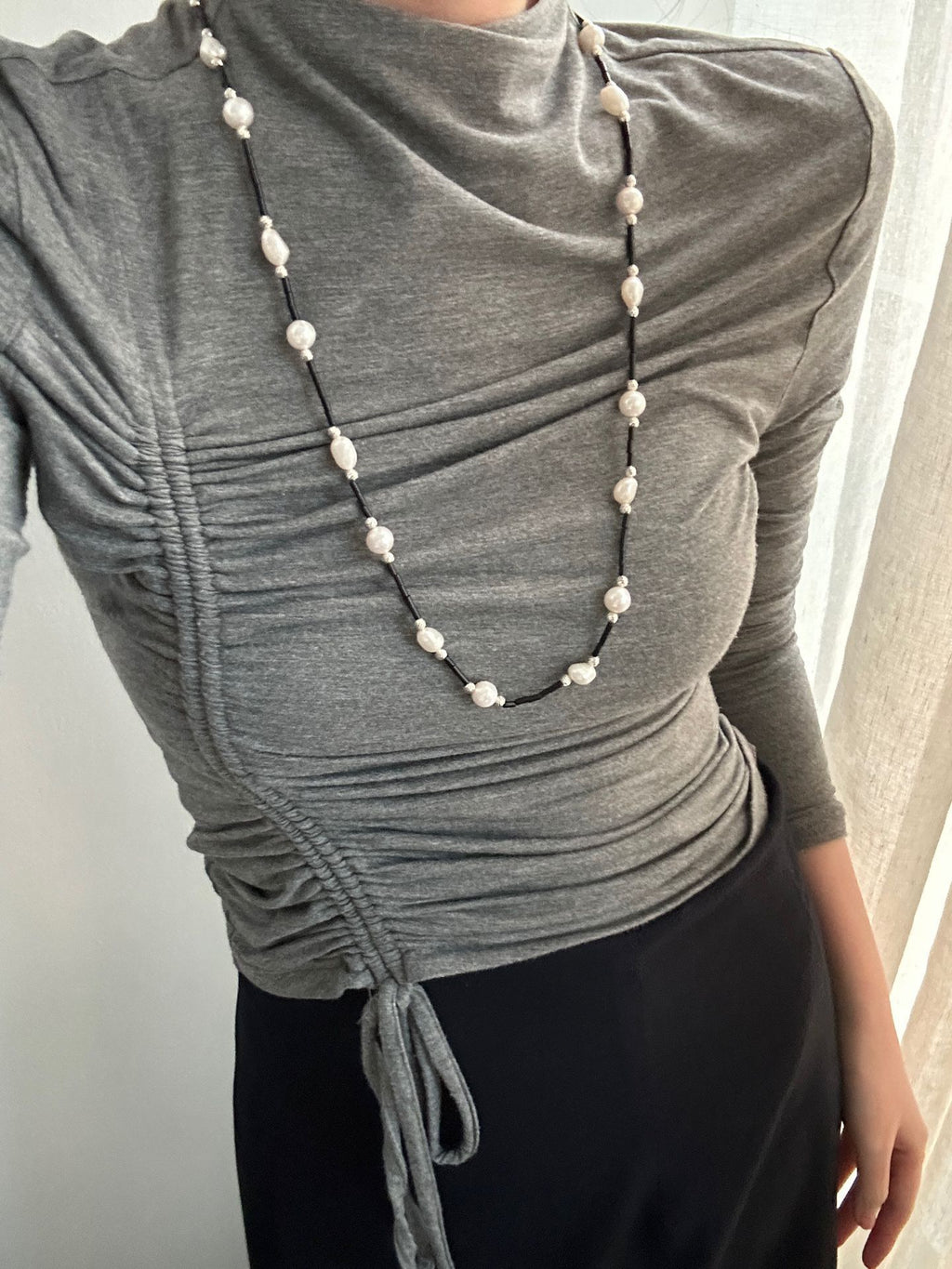 Black Onyx & Pearl Long Necklace