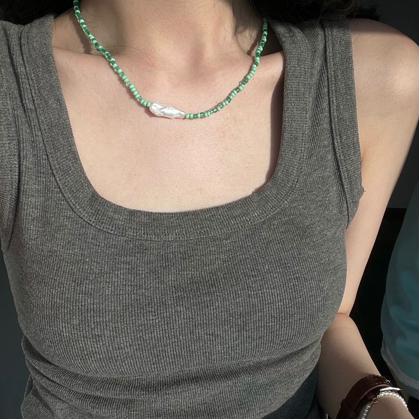Green Bead Baroque Pearl Necklace