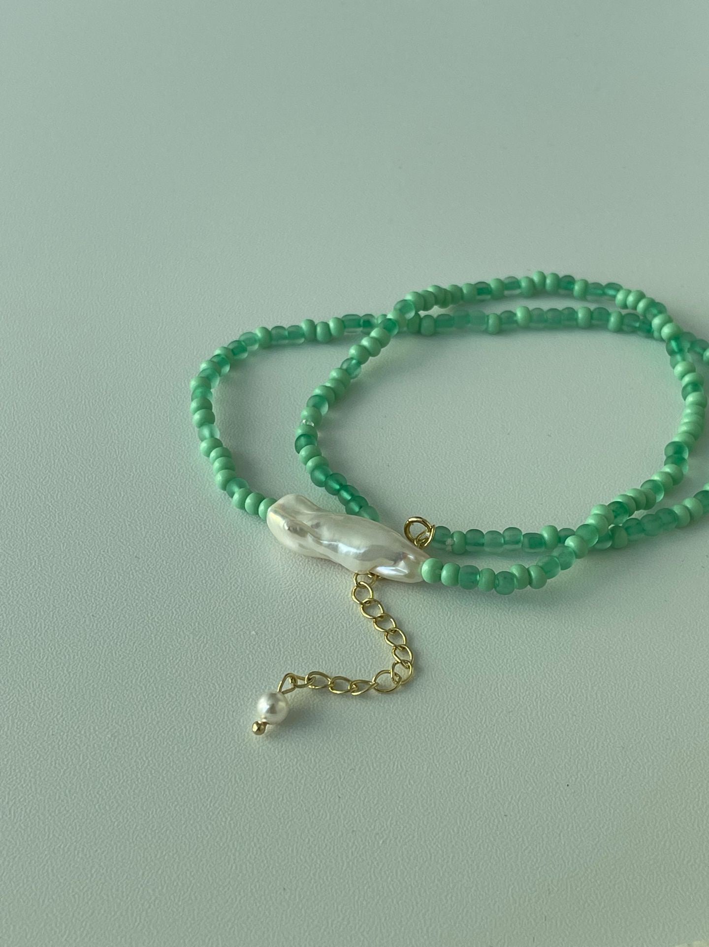 Green Bead Baroque Pearl Necklace