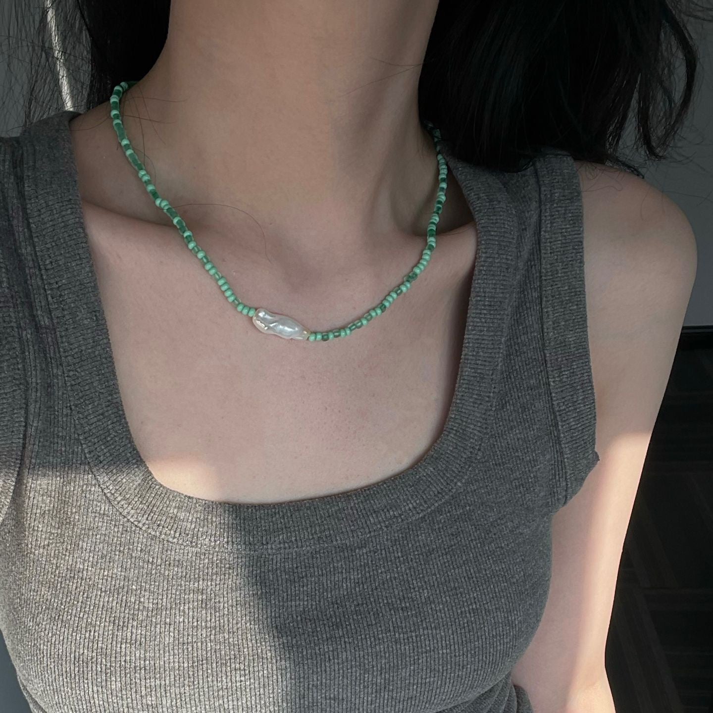 Green Bead Baroque Pearl Necklace
